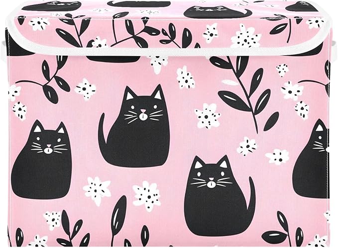 Cartoon Cute Cats Storage Cube Bins Basket with Lid Collapsible Flip-top Fabric with Handle for Home Bedroom Closet Office 16.5×12.6×11.8 in
