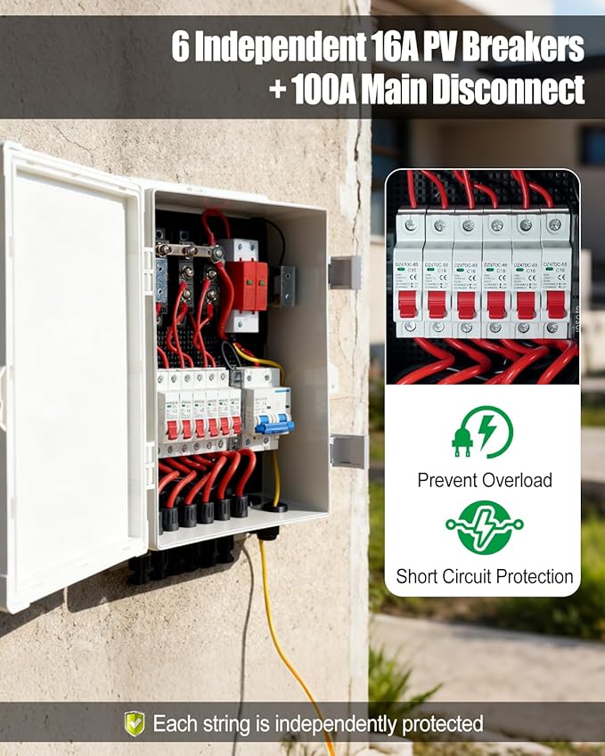Solar Combiner Box 6 Strings with 100A DC Main Circuit Breaker 6×16A PV Breakers 40KA Surge Protector 120A Anti-Backflow Diodes IP65 Waterproof PV Combiner for On/Off-Grid Solar Systems