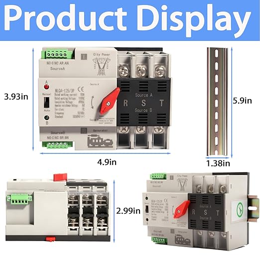Mini ATS Automatic Transfer Switch Dual Power Changeover Switch 100A 110V Generator Electrical Selector Switches DIN Rail Mount 2P/3P