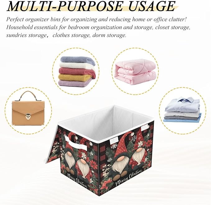 Merry Christmas Checkered Gnomes Collapsible Storage Bins with Lids Decorative Fabric Cubes Closet Organizer Basket Boxes Containers for Clothes Box Chest Folding Rectangle