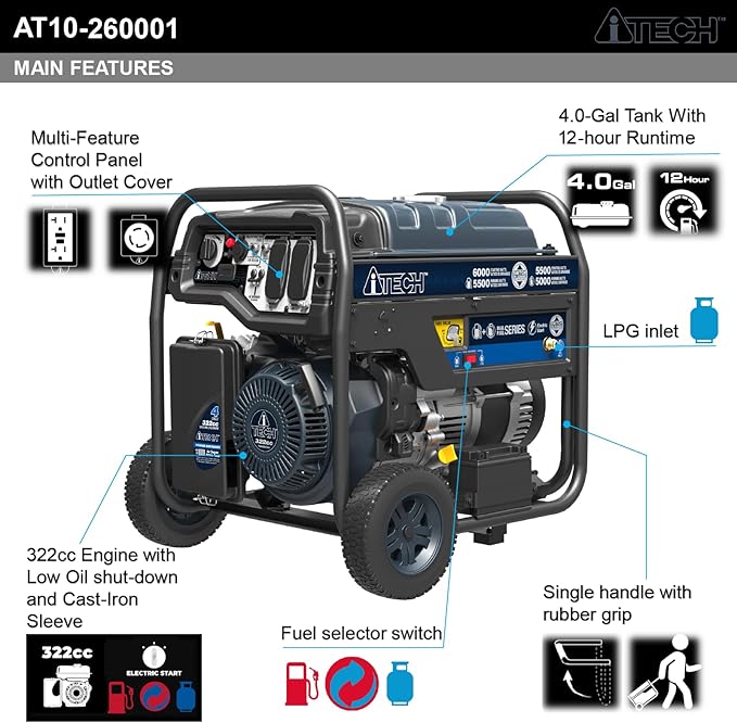 6000W Portable Generator Dual Fuel Electric Start Gas &amp Propane Powered CO Sensor EPA&ampCARB for Home Backup Emergency Ready (AT10-260001)