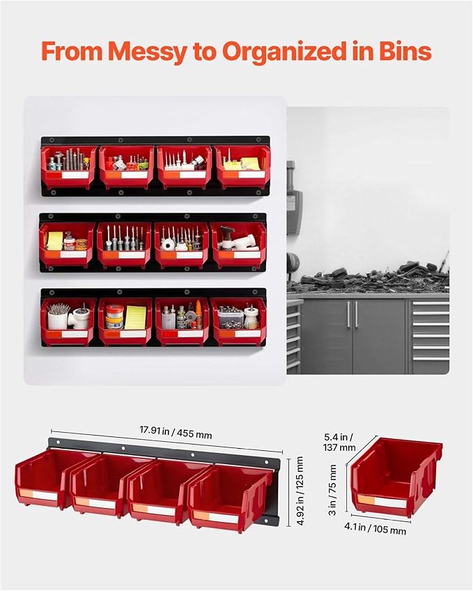 Wall Mounted Tool Organizer 12 Bins &amp 3 Rails - Hardware Storage for Garage Workshop Craft Room - Red Stackable Parts Bins