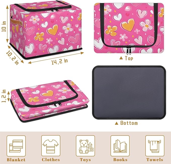 Love Heart Storage Bins with Zipper Lid Pink Yellow Fabric Lidded Storage Baskets Cubes with Handles Decorative Foldable Shelf Closet Organizer Container