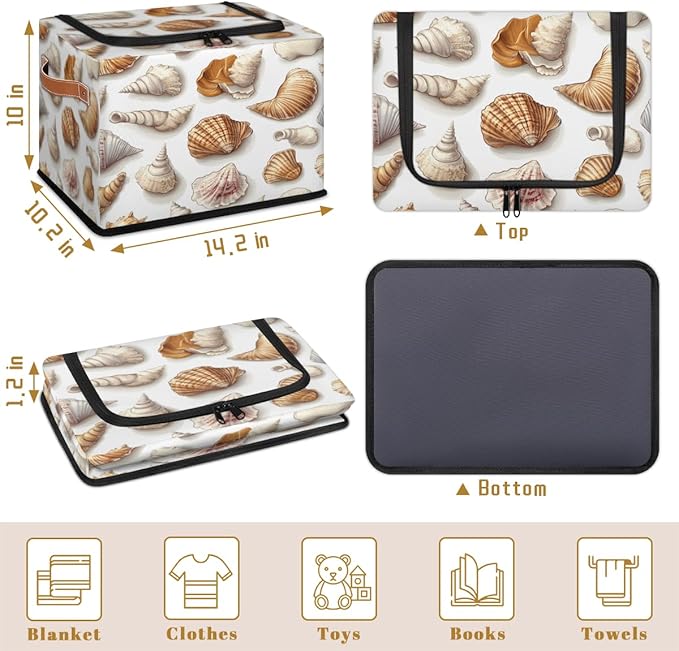 Seashell Storage Box with Lid Ocean Theme Collapsible Storage Bins Baskets Cubes Closet Shelf Clothes Organizer Containers with PU Leather Handles