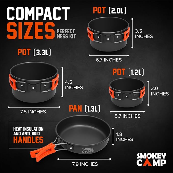 Smokey Camp Camping Cookware Mess Kit Set with Stove - Backpacking Camping Pots and Pans Set All in One Non-Stick Camping Cooking Set Portable Stove Hiking Picnic Outdoor &amp Camping Cookware S