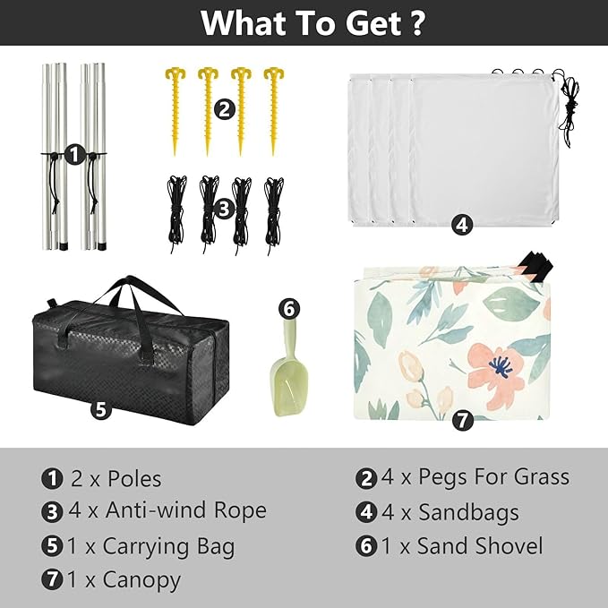 xigua Wildflowers Beach Tent Sun Shelter with Carrying Bag - Silver Coated Oxford Fabric Beach Canopy for Beach Camping Fishing - Includes Windproof Ropes Sandbags &amp Stakes