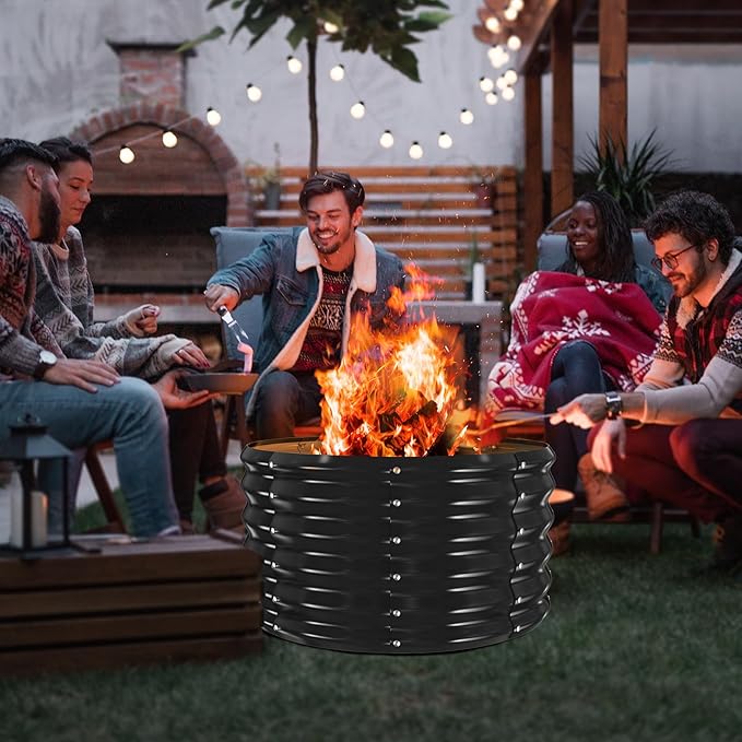 YSEJOMP 32 Inch Round Galvanized Fire Pit Ring/Fire Ring - Foldable and Perfect for Outdoor Gatherings and Campfires in The Yard/Garden/Park/Beach (Black+Gray 2.7 FT Diameter+1.5 FT Tall)