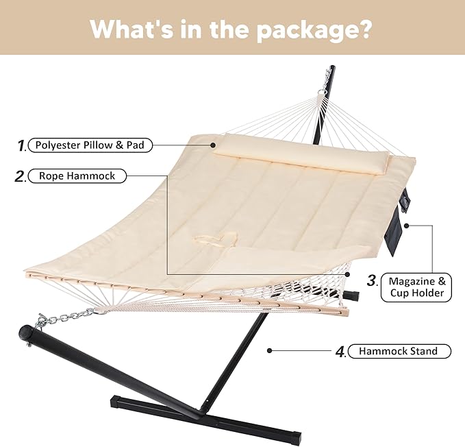 SUNCREAT Two Person Hammock with 12ft Stand Included Max 475lbs Capacity Heavy Duty Free Standing Hammock Beige