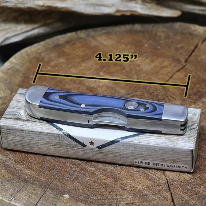WHISKEY BENT HAT CO. Trapper &amp Locking Bullcutter Folding Pocket Knife 4.125 Closed Length 440C Stainless Steel Blades (Blue Burst)