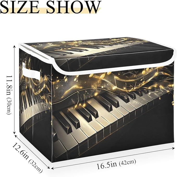 Foldable Storage Bin Basket with Lid - Piano Keys Music Notes Gold Large Collapsible Storage Box Organizer for Home Office &amp Books Clothes Storage 16.5x12.6x11.8