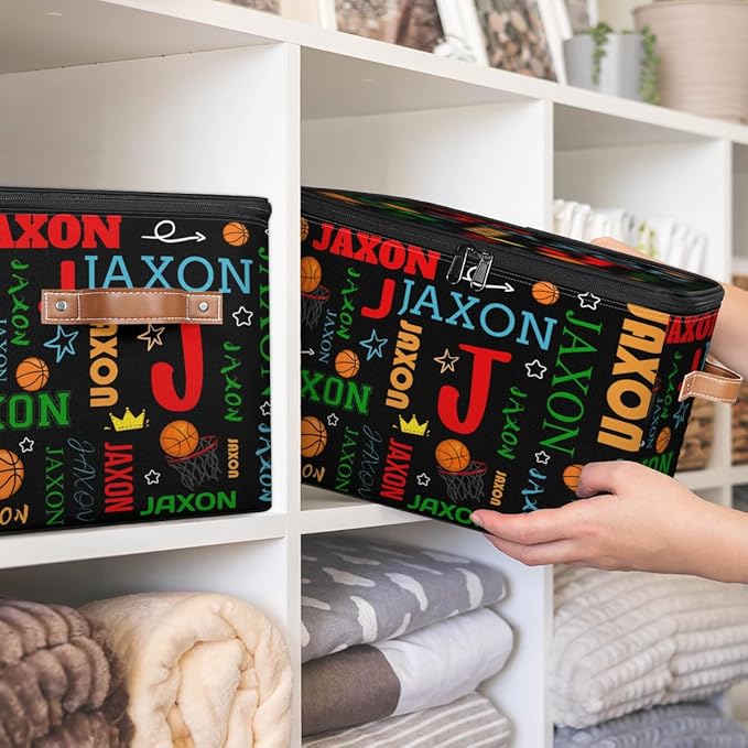 Custom Storage Bins with Zipper Lid Personalized Basketball Fabric Lidded Storage Baskets Boxes Foldable Cubes Clothes Organizer Container Ball