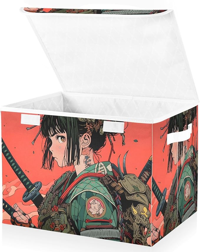 Storage Cube with Lid Anime Japanese Samurai Print 16.5×12.6×11.8 IN Collapsible Large Capacity Foldable Storage Basket Bin Organizer