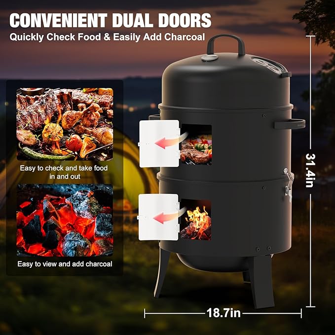 16 Charcoal Smoker 3 in 1 Heavy Duty Vertical Barbecue Grill Outdoor Fire Pit 402 Square Inches Cooking Area Versatile Outdoor Smoker Grill Black