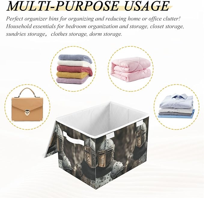 Storage Cube Medieval Knights Print with Lid Collapsible Large Capacity Foldable Storage Basket Bin Organizer 16.5×12.6×11.8 inches