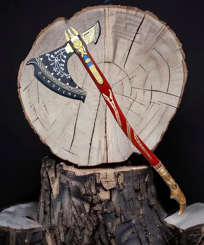 SHINY CRAFTS® Handcrafted Viking Axe – Engraved Nordic Blade with Wooden Handle Norse Bearded Hatchet for Men Unique Gift for Him Collectors Cosplay Camping Medieval Wall Decor (Viking-VBA-26)
