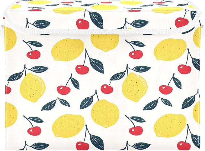 MNSRUU Containers Baskets with Lids Lemon Cherry Fabric Foldable Storage Bins Organizer with Lid Collapsible Storage Boxes for Home Bedroom Closet Office