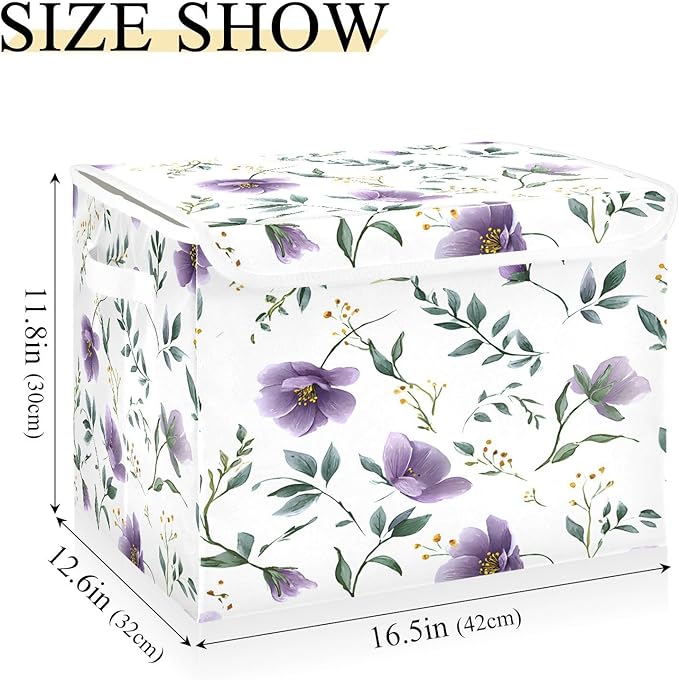 senya Baskets Collapsible Storage Bins with Lids Purple Flower Leaves Storage Boxes Clothes Baskets for Organizing