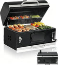 Large Built-in Barbecue Grills Charcoal BBQ Grills with Liftable Tray Insulated Hood &amp Temp Gauge Black Stainless Steel Charcoal BBQ Barrel Grill for Outdoor Kitchen Camping Park Style