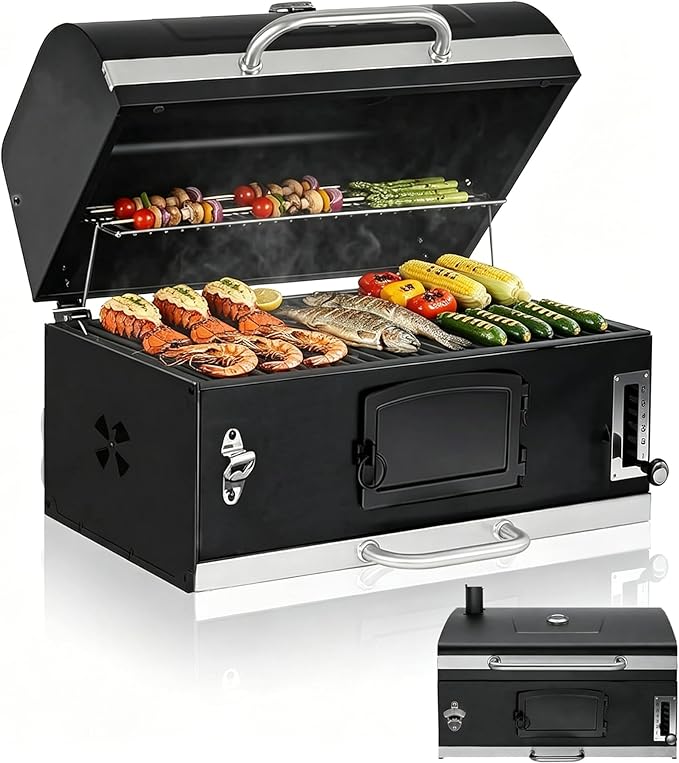 Large Built-in Barbecue Grills Charcoal BBQ Grills with Liftable Tray Insulated Hood &amp Temp Gauge Black Stainless Steel Charcoal BBQ Barrel Grill for Outdoor Kitchen Camping Park Style
