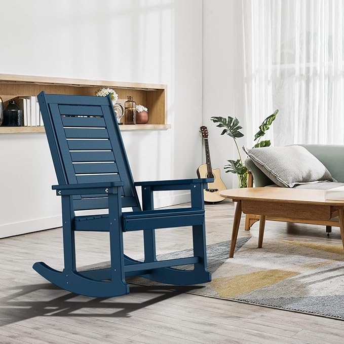 GREENVINES Outdoor Rocking Chairs | Set of 2 | Porch Rocker | HDPE Plastic | Blue | Oversized Rockers | High Back | Big &amp Tall | Ladder Back | for Patio Outside Backyard Balcony Garden