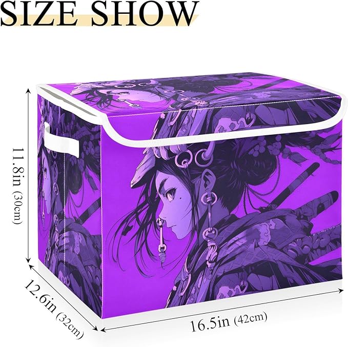 Cool Samurai Storage Cube Bins Basket with Lid Collapsible Flip-top Fabric with Handle for Home Bedroom Closet Office 16.5×12.6×11.8 in