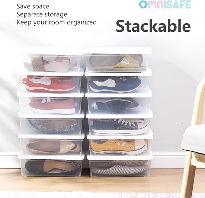 Stackable Plastic Storage Shoebox BPA-Free Nestable Container with Latching Lid to Organize Shoes See-Through Box for Home and Office Multi-Purpose Storage Case Clear Bins (12 Pack 6 Quart White)