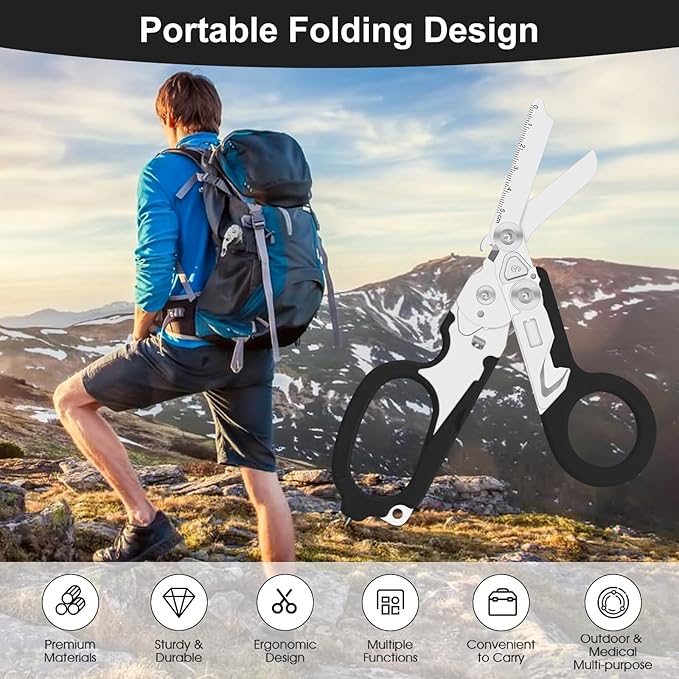 6 in 1 trauma shears Folding Retractable Emergency Shears Outdoor Camping Tools Seat Belt Cutter Oxygen Cylinder Wrench Complimentary Adjustable Wrench (black)
