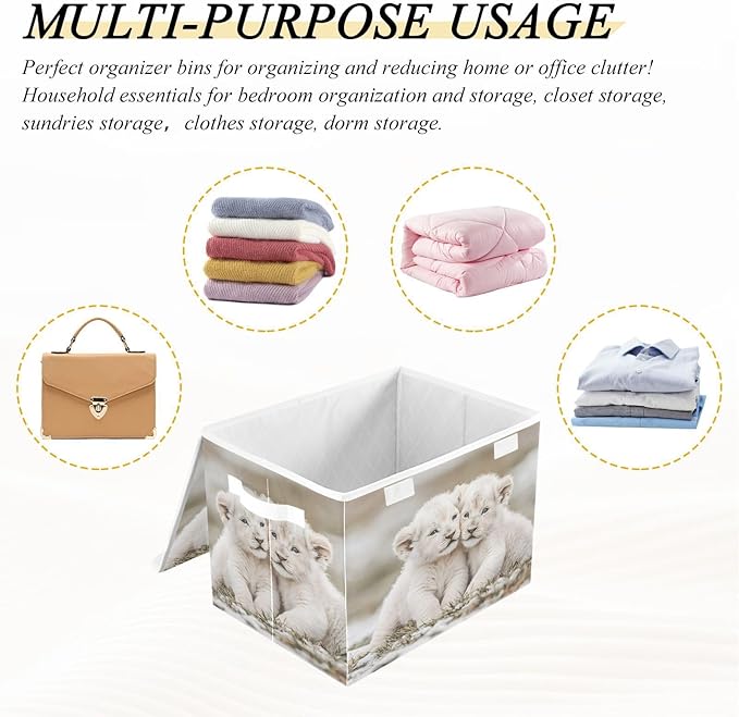 AIXIWAWA Lidded Storage Cube (Lovely Lions) Fabric Foldable Closet Bins with Flip Lid and Handles Organizer Basket Container 16.5 x 12.6 x 11.8 IN