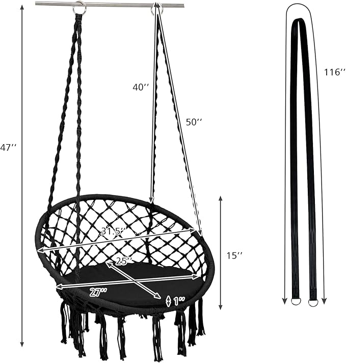 Giantex Hammock Chair Macrame Swing - Hanging Chair with Cushion and Hardware Kit 330 LBS Weight Capacity Indoor Swing for Hammock Stand Patio Balcony Living Room Hammock Swing (Black)