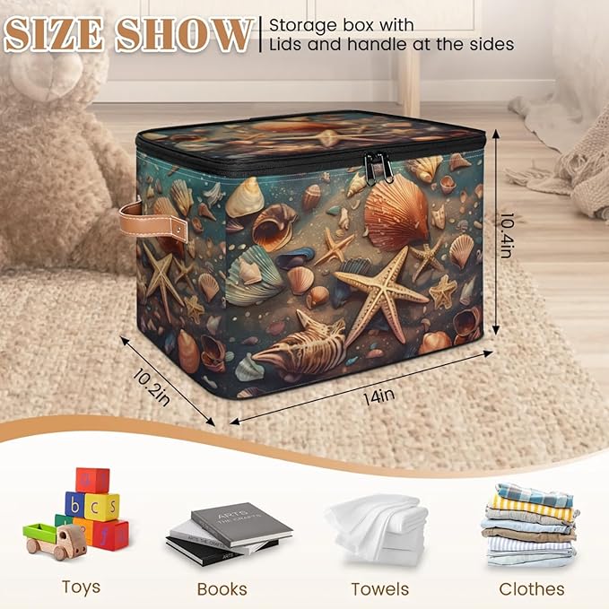 Storage Bins with Lids Retro Starfish Seashells Storage Basket Clothes Organizer with Handles Closet Storage Containers for Clothing Bedding Blanket