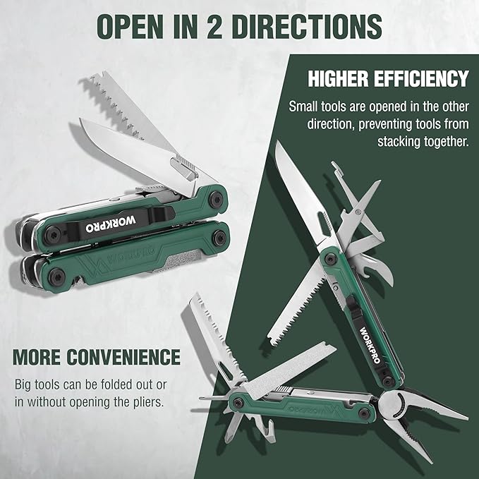 WORKPRO 18-in-1 Multi Tool Pliers Gifts for Men Stainless Steel EDC Multitool with Pocket Knife 2 Safety Locks Belt Clip and Oxford Pouch Utility Multiuse Tool for Camping (Pack of 2)