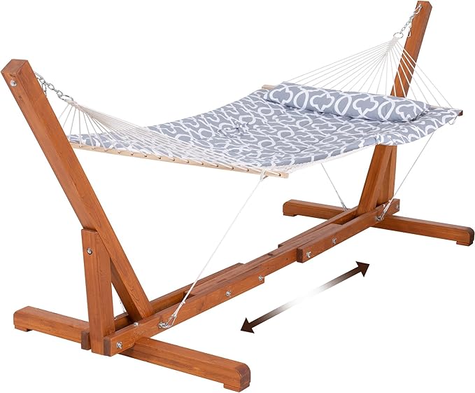 SUNCREAT Outdoor Double Hammock with Stand Two Person Cotton Rope Hammock with Polyester Pad Circle Pattern