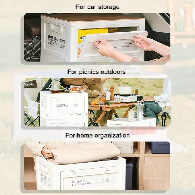 【3-Side Opening 50L Storage Bins with LidsPortable Foldable Storage Box Plastic Stackable Storage Bin for Camp Car RV Office (White)