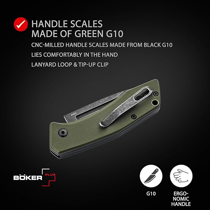 BÖKER PLUS® Worldwide 2.0 Pocket Knife - legal EDC two-handed folding knife with clip - slipjoint - G10 handle green - drop point - black blade - professional outdoor