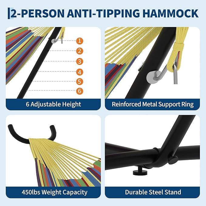Hammock with Stand 2-Person Outdoor Portable Hammock with Carrying Bag &amp Adjustable Frame Heavys Duty 450lb Capacity for Beach Camping Backyard Patio