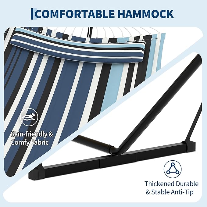 2 Person Double Hammock with Stand &amp Pillow 450 LBS Heavy Duty Outdoor Hammock with Balance Rope for Patio Backyard Poolside