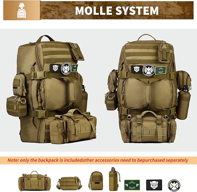HUNTVP 60L Tactical Backpack Tactical Duffel Bag Military Travel Bag Outdoor Assault Pack Rucksack Bag | Gear Sport Outdoor Bag For Hunting Camping Trekking