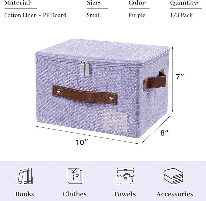 Lucky Monet 3PCS Storage Bins with Zipper Lids 10x8x7 Foldable Lidded Fabric Storage Boxes Baskets Cotton Linen Closet Shelf Clothes Organizer Container with Handles &amp Label Pocket (Purple Sma