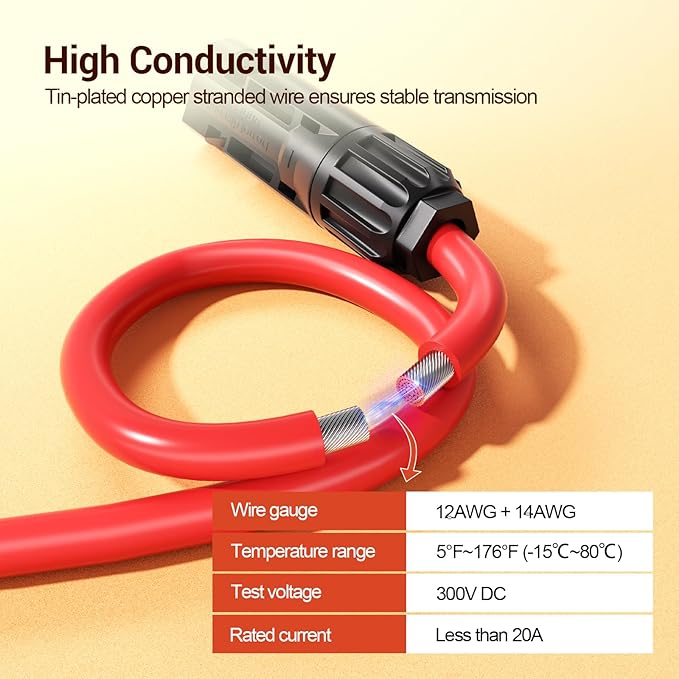 Solar Extension Cable 14AWG Tinned Copper with Solar Panel Connectors 12AWG Red &amp Black Branch Wires Heavy Duty Outdoor Power Cord for RV Inverter Generator Off-Grid System (50FT)
