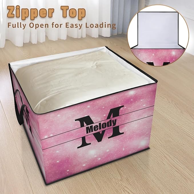 Personalized Extra Large Storage Bins with Lid Customized Name Jumbo Storage Basket Rectangle Clothes Organizer for Organizing Kids and Pets Toys Shelf Closet Pink Galaxy with Initial Letter