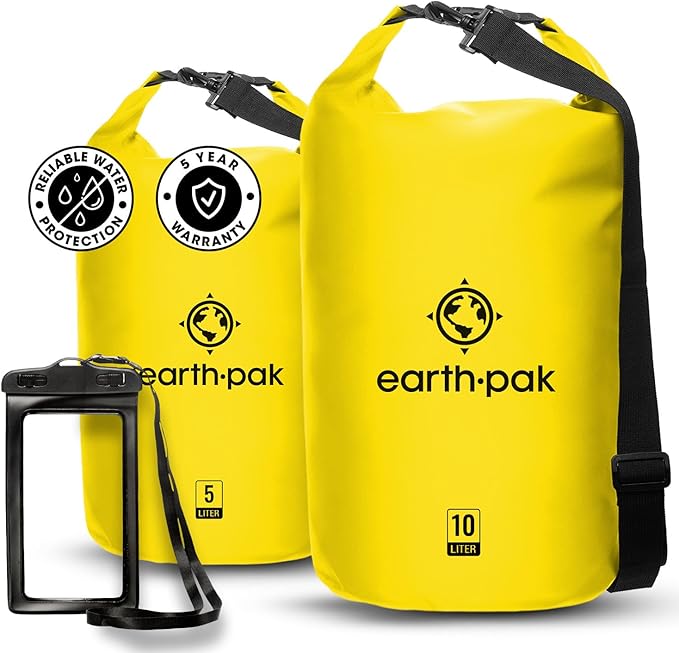 Earth Pak Waterproof Dry Bag - Roll Top Waterproof Backpack Yellow 5L &amp 10L
