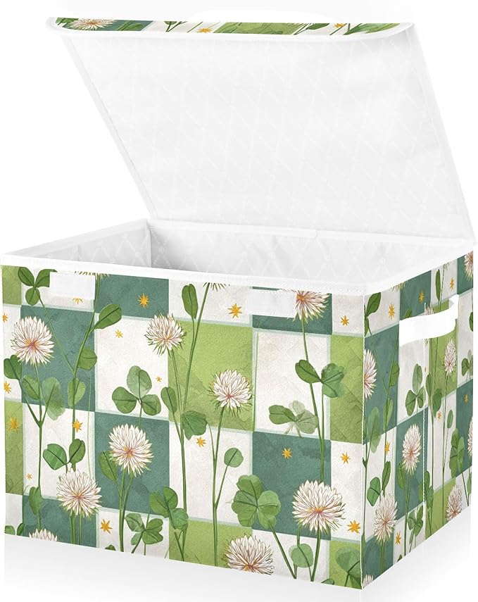 Green Floral Clovers Storage Box with Lid 1 PC Foldable Storage Bin with Lids Stackable Storage Bins Cube Closet Organizer Basket with Flip-Top Lid &amp Handles for Shoes Books Towels