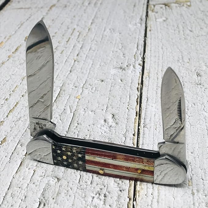 WHISKEY BENT HAT CO. Traditional Canoe Folding Camping Knife 3.63 Closed Length 440C Stainless Steel Blades (Patriot)