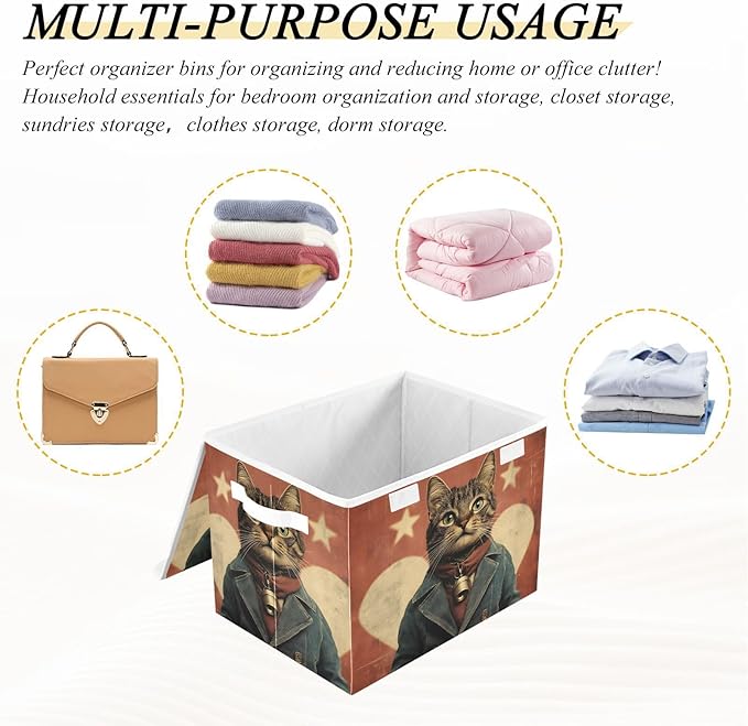 AIXIWAWA Lidded Storage Cube (Gentleman Cat) Fabric Foldable Closet Bins with Flip Lid and Handles Organizer Basket Container 16.5 x 12.6 x 11.8 IN