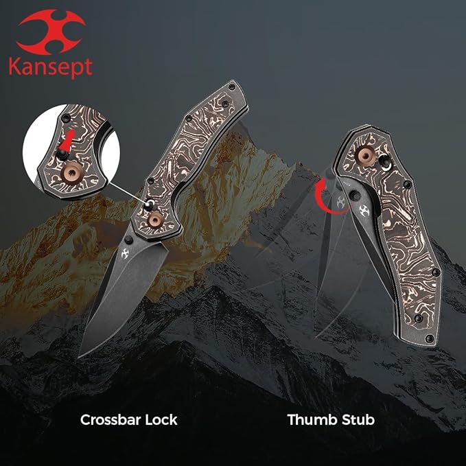 KANSEPT Apollo Pocket Knive 3.11Blackwash CPM S35VN Blade Titanium inlaid Copper Fatcarbon Handle with Thumb Stud Cross Bar Lock Folding for Men Women Sharp Camping Survival Hiking Knives K2107V3