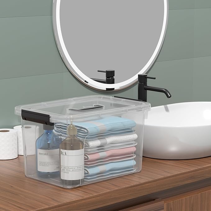 4 Packs Plastic Storage Box with Handle 10 L Clear Lidded Organizer Bin