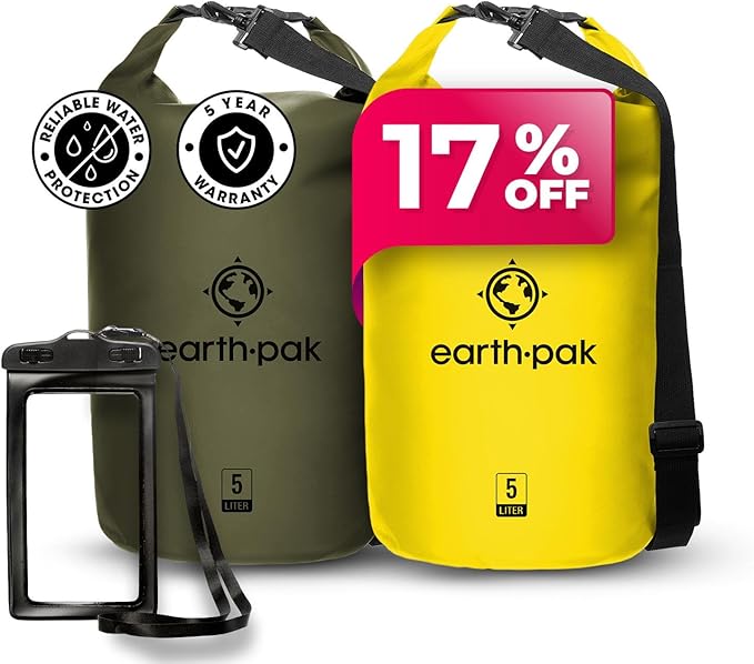 Earth Pak Waterproof Dry Bag - Roll Top Waterproof Backpack Forest Green 5L &amp Yellow 5L