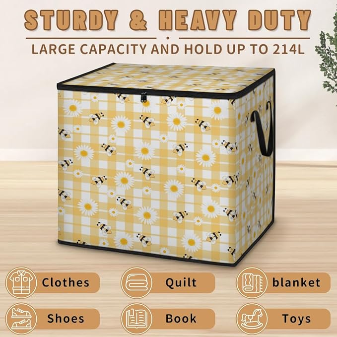 Large Daisy Storage Bags with Lid XL Blanket Clothes Storage Bins Foldable Organizers Storage Containers with Handle for Comforters Bed Sheets Pillows Flowers with Bees in Spring