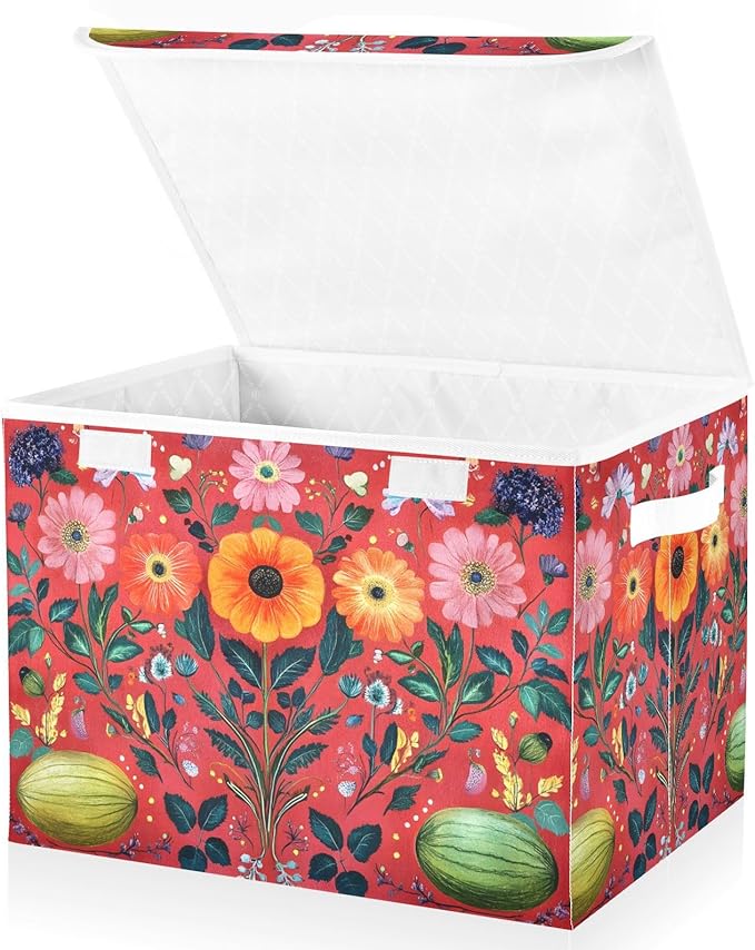 AIXIWAWA Lidded Storage Cube (Pattern Flowers) Fabric Foldable Closet Bins with Flip Lid and Handles Organizer Basket Container 16.5 x 12.6 x 11.8 IN