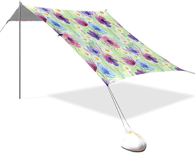 Wildflowers Beach Canopy Sun Shelter with Sandbags &amp Sand Shovel &amp Windproof Ropes - Portable 110x126 Beach Shade Beach Tent for Camping Picnics